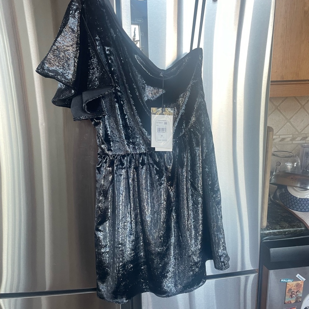 Gorgeous holiday shimmering black off the shoulder evening cocktail mini dress!